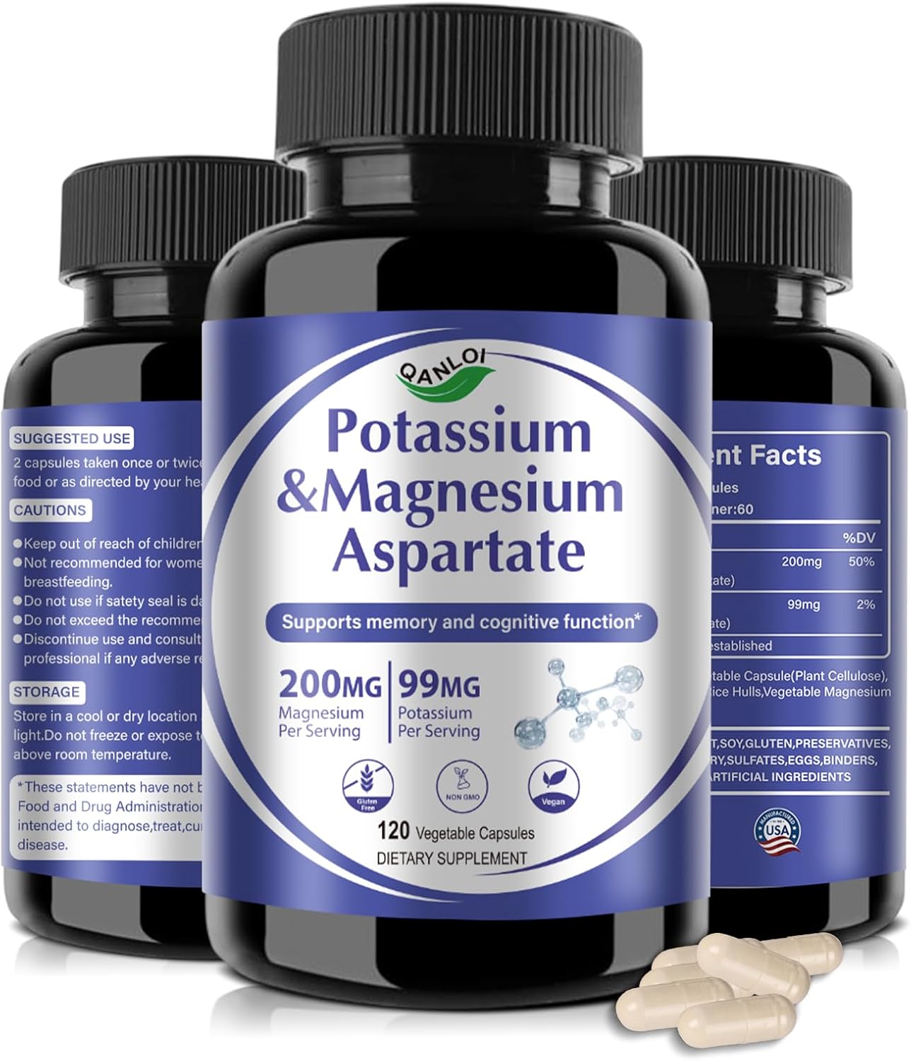 QANLOI Potassium Magnesium Aspartate Complex Supplement - 120 Capsules for Potassium & Magnesium Boost