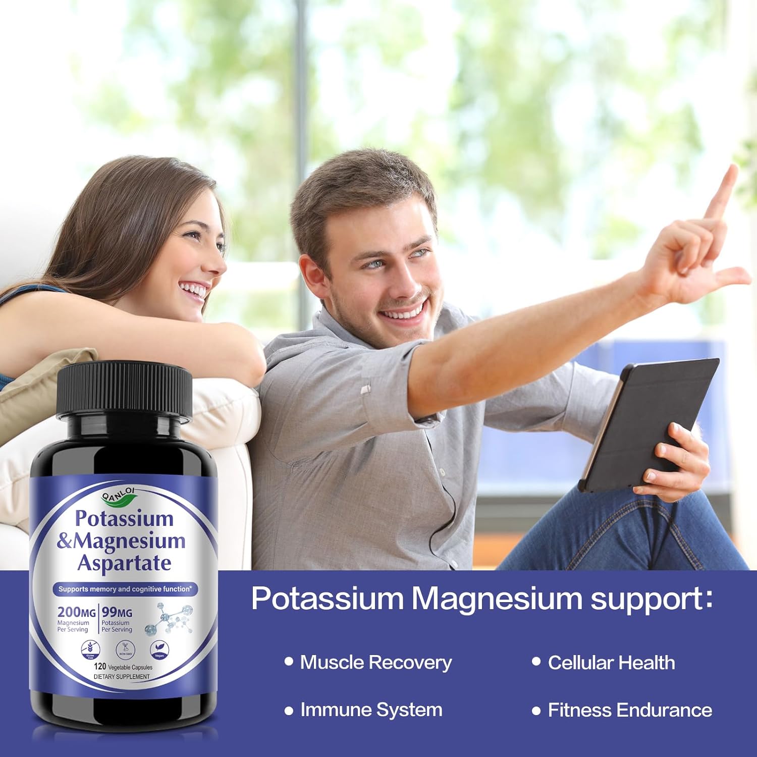 QANLOI Potassium Magnesium Aspartate Complex Supplement - 120 Capsules for Potassium & Magnesium Boost