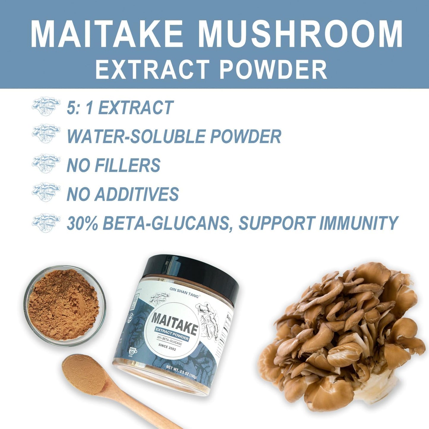 QIN SHAN TANG Maitake Mushroom Extract Powder - 100g, High Beta-glucans for Immune Support, Fruiting Body Supplement for Coffee & Smoothies