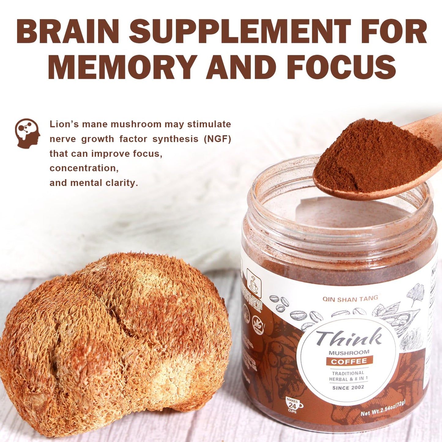 QIN SHAN TANG Traditional Mushroom Coffee with Lion's Mane and Ginkgo for Brain Focus, 24 Servings