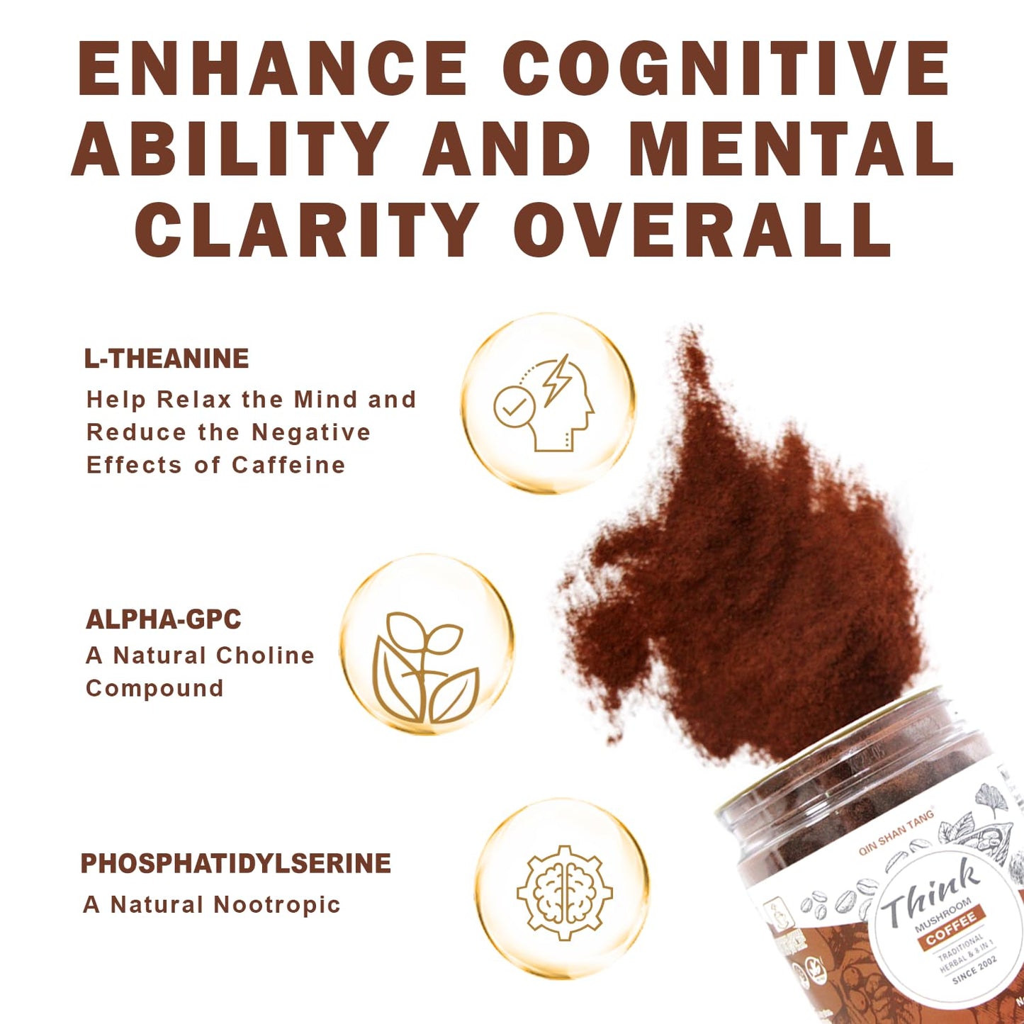 QIN SHAN TANG Traditional Mushroom Coffee with Lion's Mane and Ginkgo for Brain Focus, 24 Servings