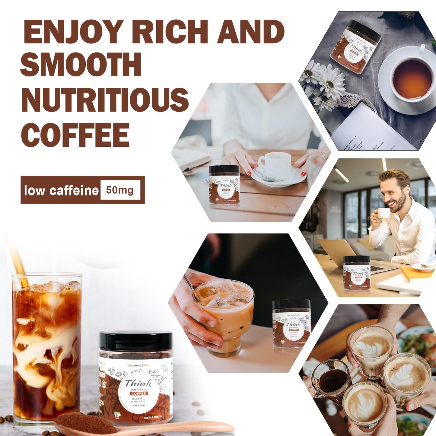 QIN SHAN TANG Traditional Mushroom Coffee with Lion's Mane and Ginkgo for Brain Focus, 24 Servings