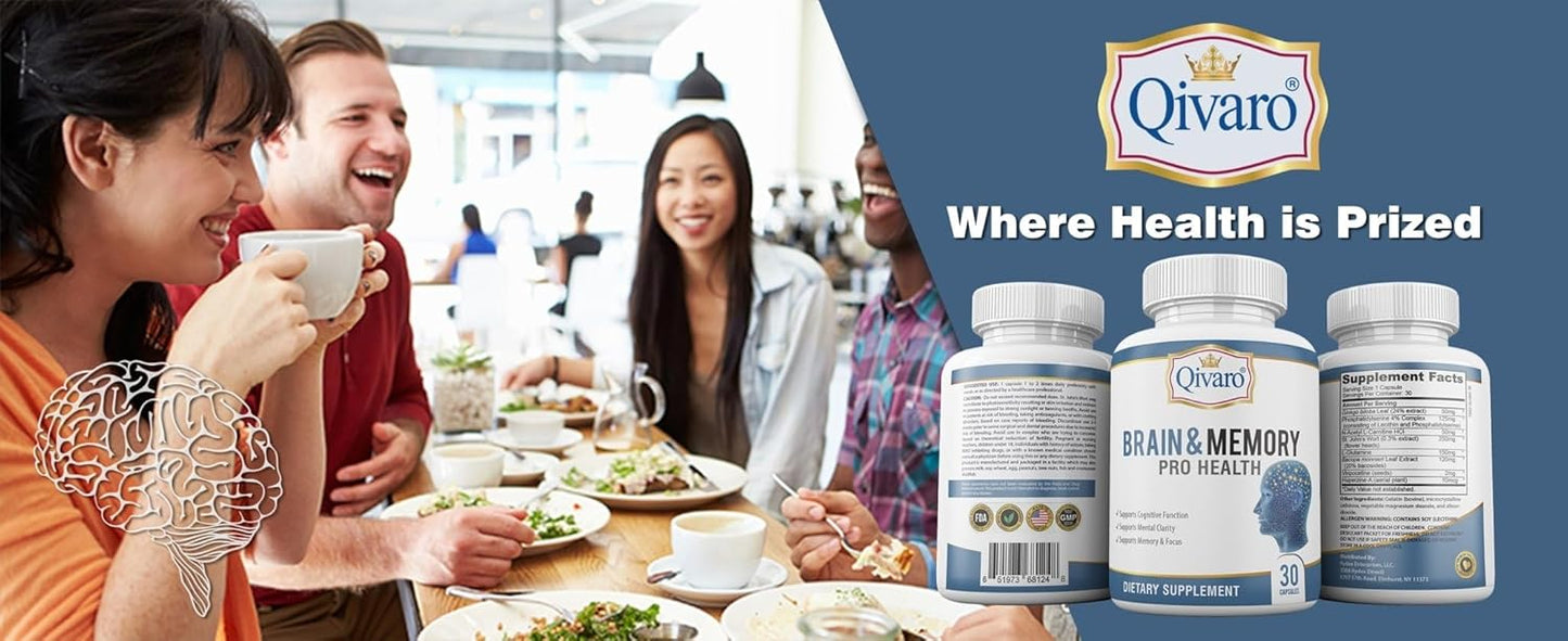Qivaro Brain Health Supplement - Natural Cognitive Function Support - Memory & Mind Booster - Vegan & Non-GMO - 30 Capsules