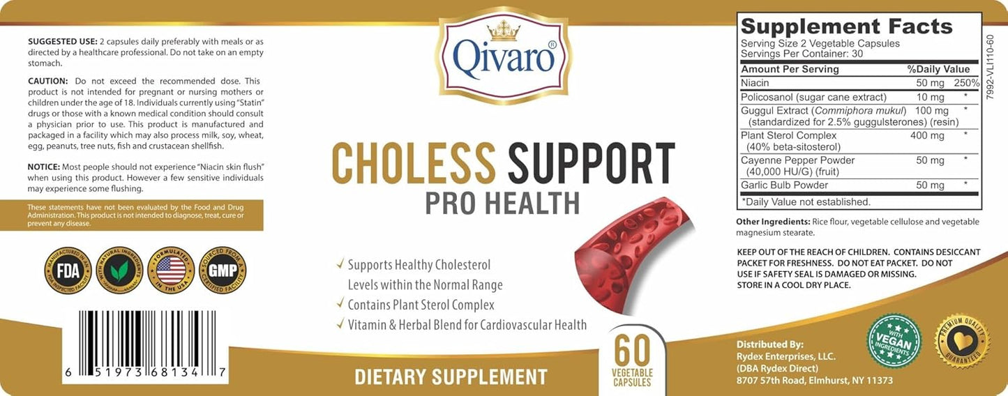 Qivaro Choless Support Pro Health Capsules - Cholesterol & Lipid Management with Guggul and Garlic Extract - Vegan & Non-GMO - 60 Count - Made in USA