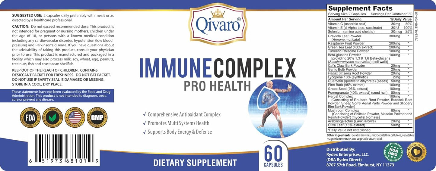 Qivaro Immune Complex Pro Health: Natural Immune System Booster Supplement with Vitamin C - Vegan & Non-GMO - 60 Capsules - Made in USA