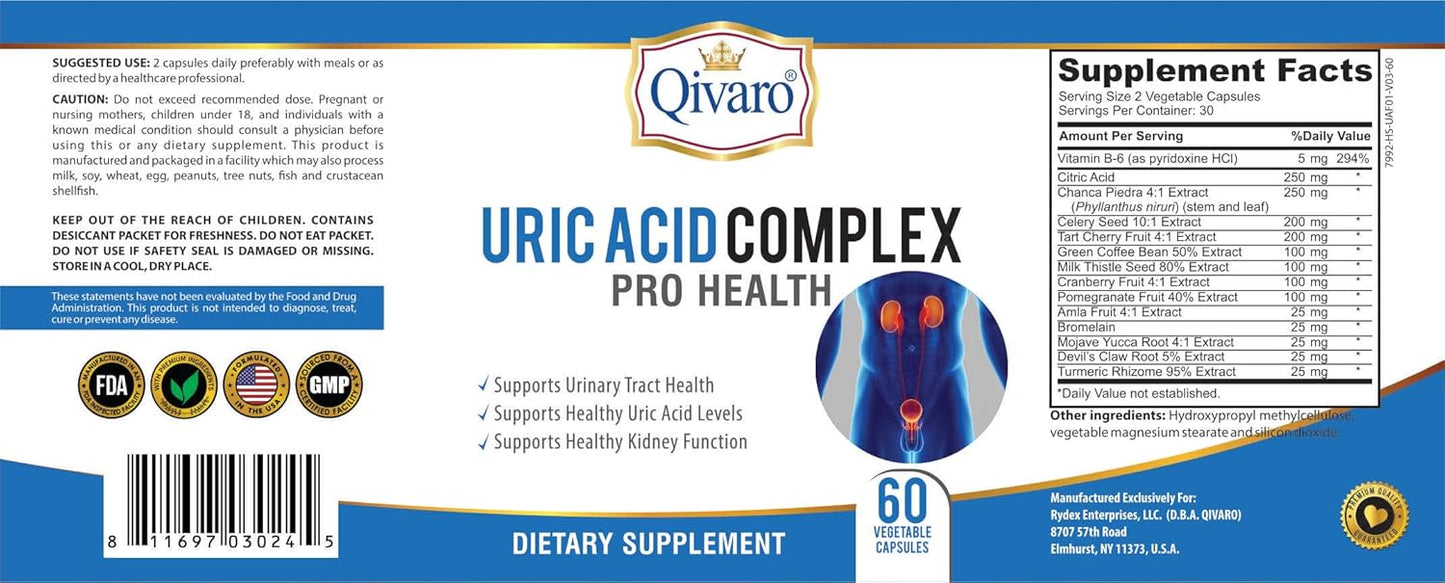 Qivaro Uric Acid Pro Capsules - Natural Supplement with Cranberry, Celery, Tart Cherry, Devil's Claw, Green Coffee Bean Extracts - 60 Veggies