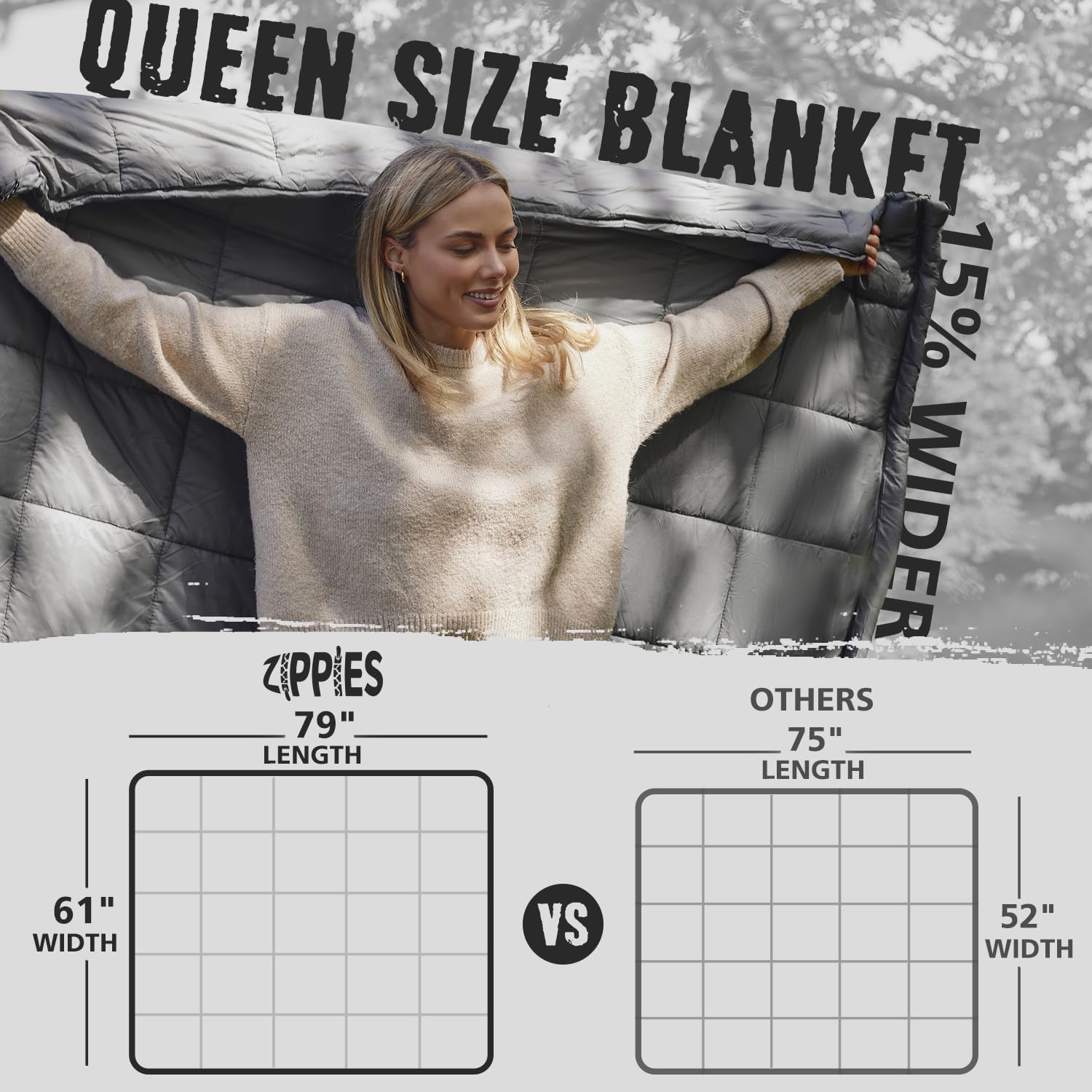 Queen Size ZIPPIES 3M Thinsulate Puffy Camping Blanket - Waterproof Sleeping Bag for Hammock - Warm Insulated Quilt with Zipper - Cozy Outdoor Gift for Men and Women