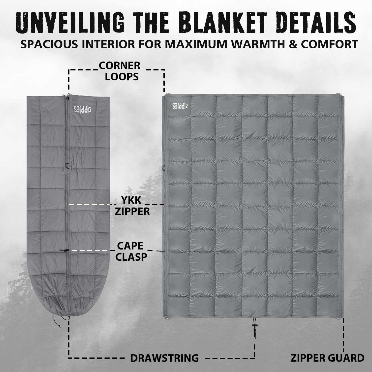 Queen Size ZIPPIES 3M Thinsulate Puffy Camping Blanket - Waterproof Sleeping Bag for Hammock - Warm Insulated Quilt with Zipper - Cozy Outdoor Gift for Men and Women
