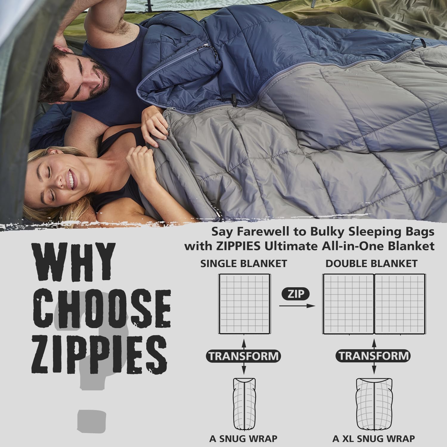 Queen Size ZIPPIES 3M Thinsulate Puffy Camping Blanket - Waterproof Sleeping Bag for Hammock - Warm Insulated Quilt with Zipper - Cozy Outdoor Gift for Men and Women