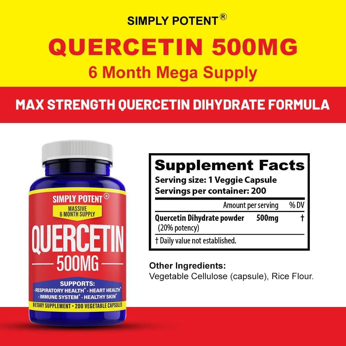 Quercetin 500mg Capsules - 200 Count, High Potency Vegan Antioxidant Pills for Heart & Immune Support
