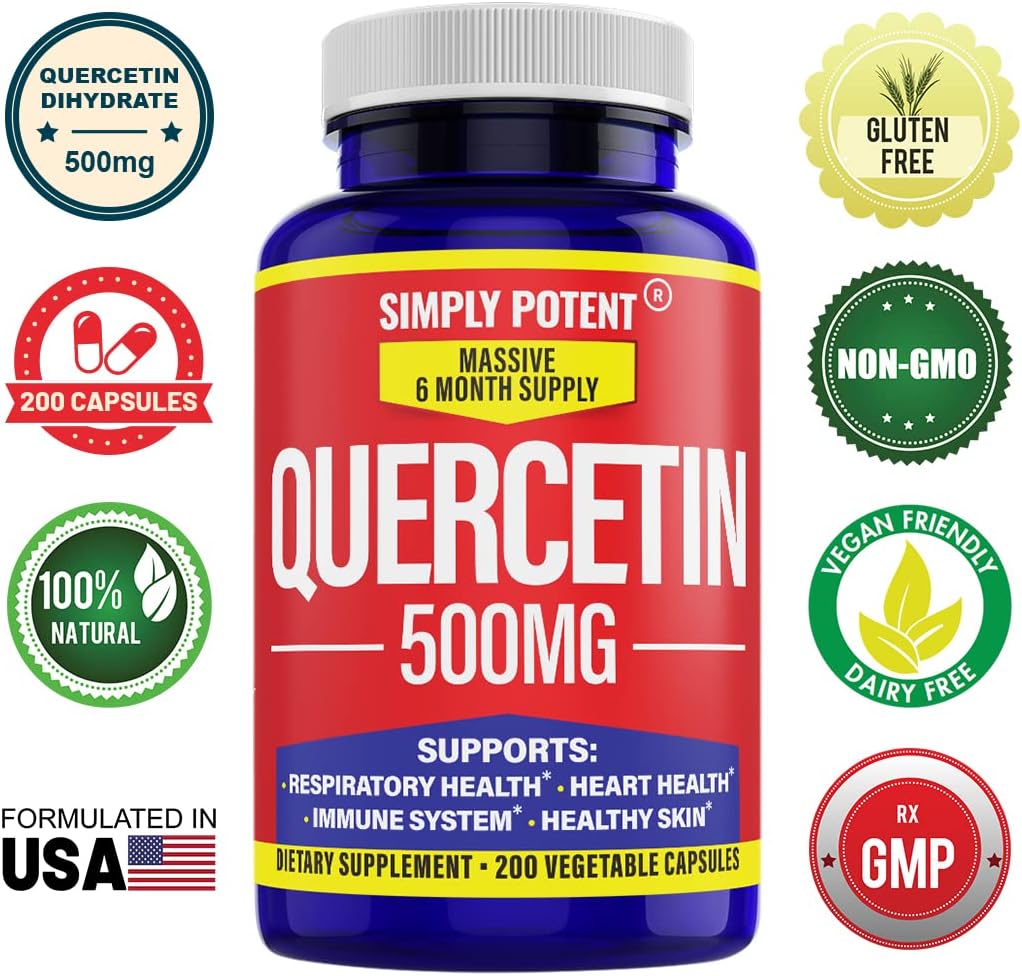 Quercetin 500mg Capsules - 200 Count, High Potency Vegan Antioxidant Pills for Heart & Immune Support