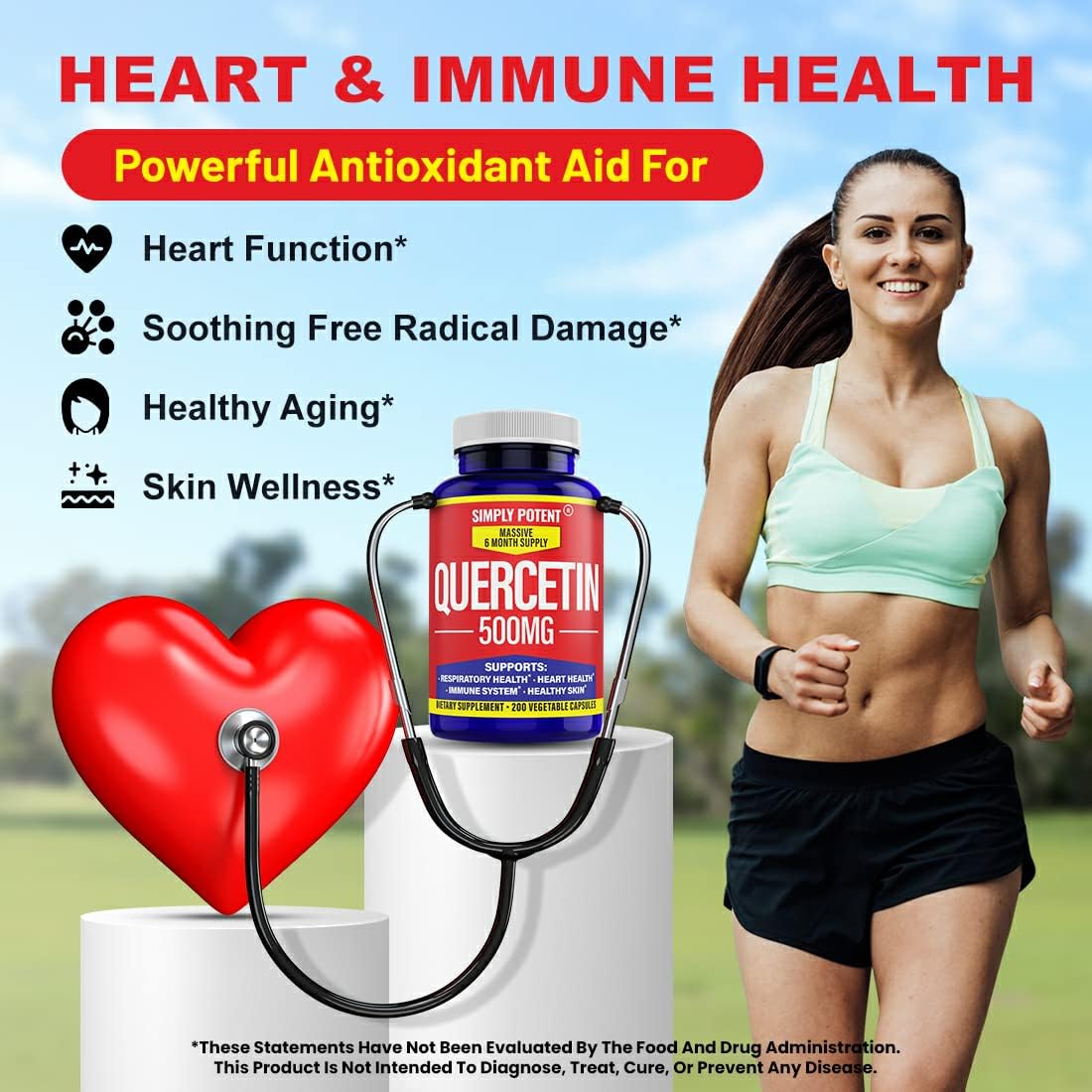 Quercetin 500mg Capsules - 200 Count, High Potency Vegan Antioxidant Pills for Heart & Immune Support