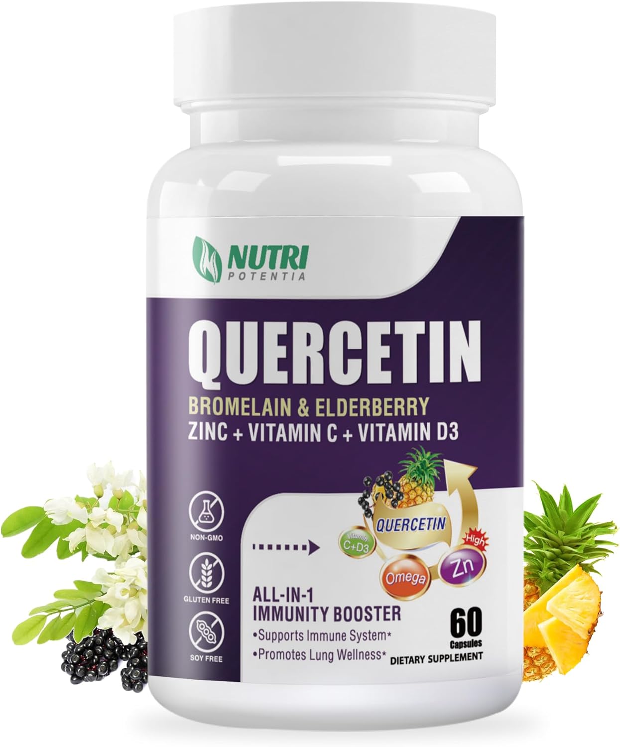 Quercetin 500mg Capsules with Bromelain, Vitamin C & D3, Zinc, Elderberry - Lung & Respiratory Support - 60 Capsules
