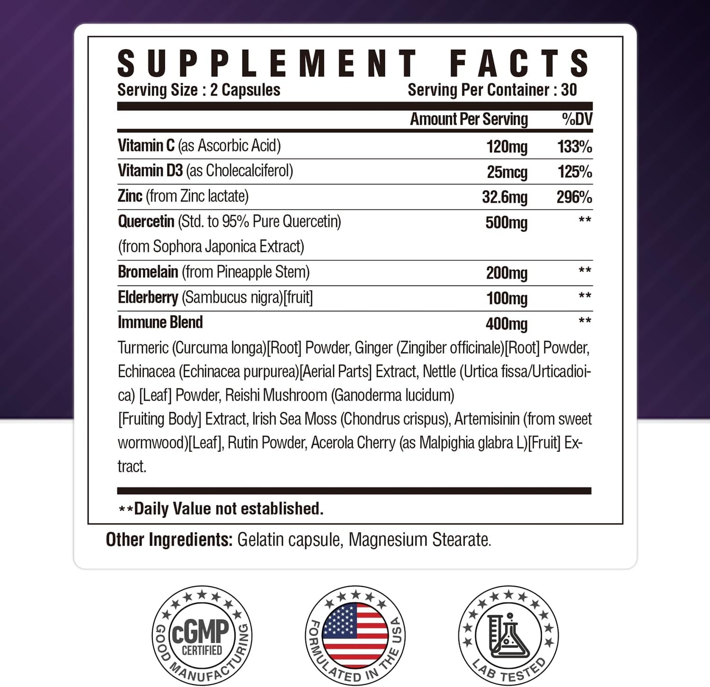 Quercetin 500mg Capsules with Bromelain, Vitamin C & D3, Zinc, Elderberry - Lung & Respiratory Support - 60 Capsules