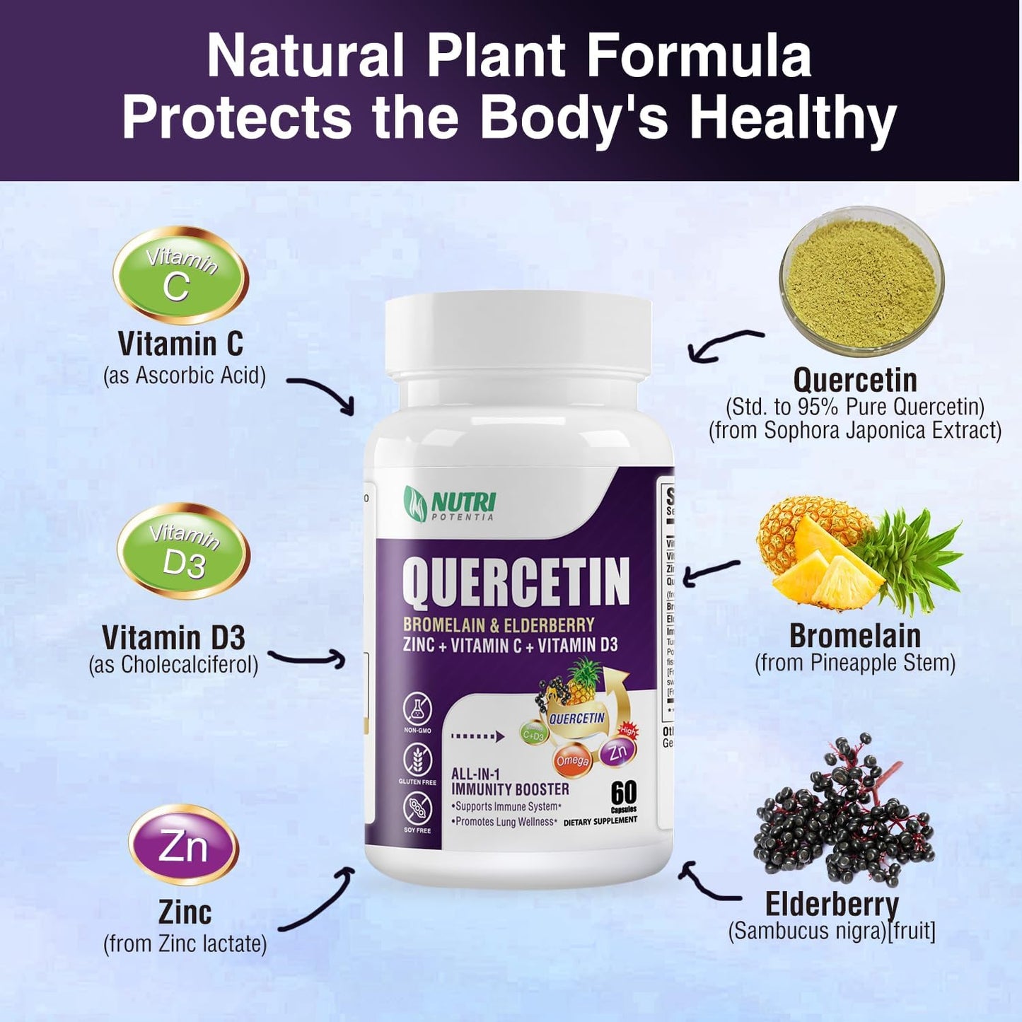 Quercetin 500mg Capsules with Bromelain, Vitamin C & D3, Zinc, Elderberry - Lung & Respiratory Support - 60 Capsules