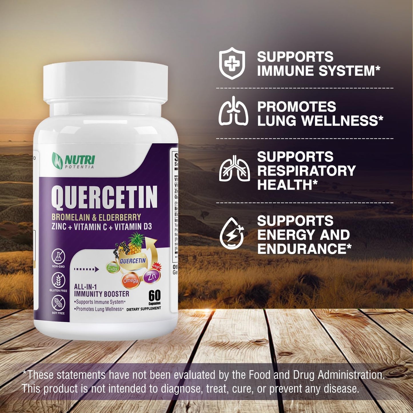 Quercetin 500mg Capsules with Bromelain, Vitamin C & D3, Zinc, Elderberry - Lung & Respiratory Support - 60 Capsules