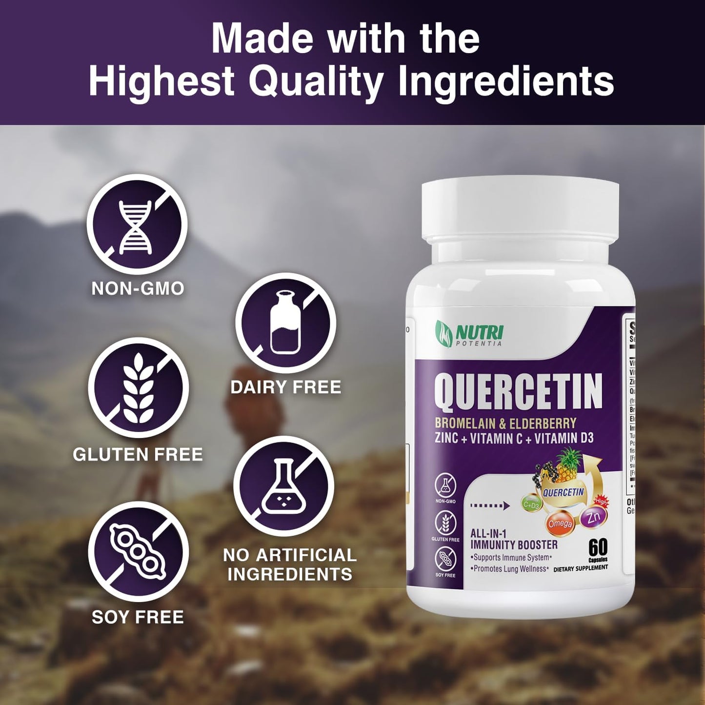 Quercetin 500mg Capsules with Bromelain, Vitamin C & D3, Zinc, Elderberry - Lung & Respiratory Support - 60 Capsules