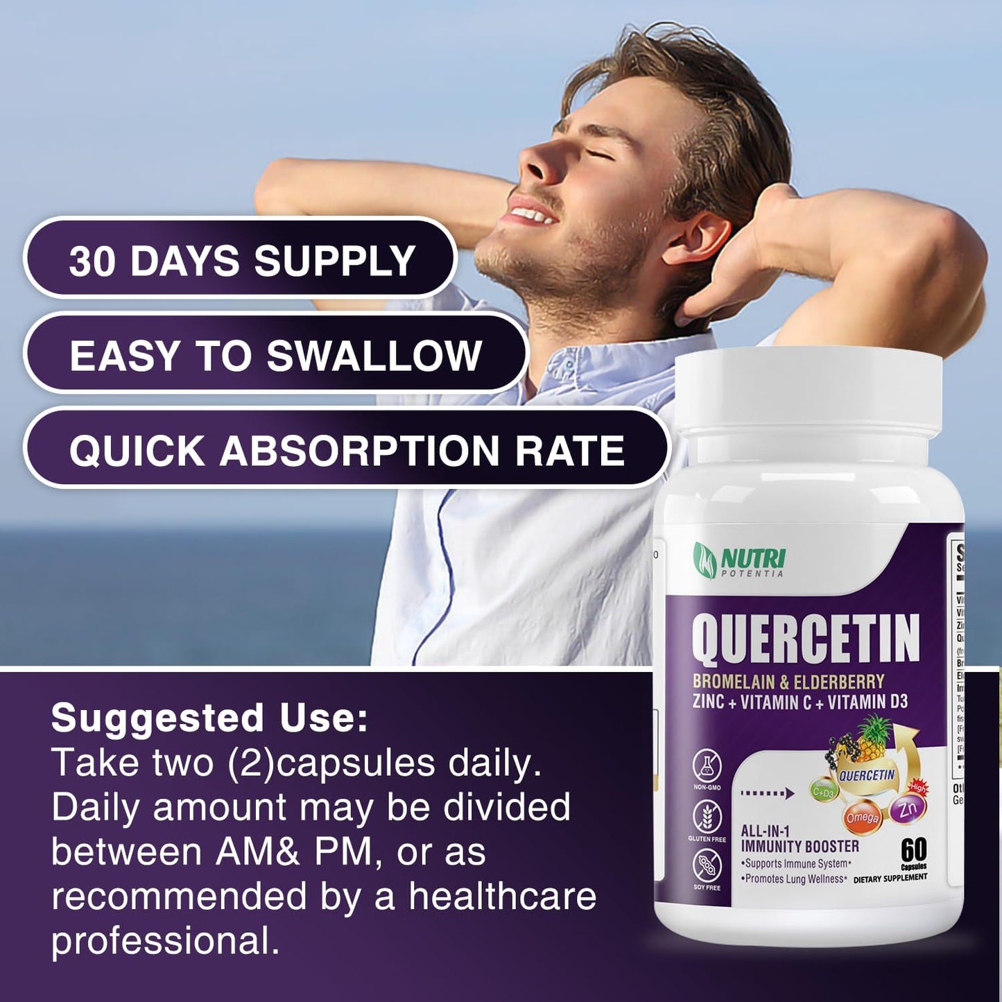 Quercetin 500mg Capsules with Bromelain, Vitamin C & D3, Zinc, Elderberry - Lung & Respiratory Support - 60 Capsules