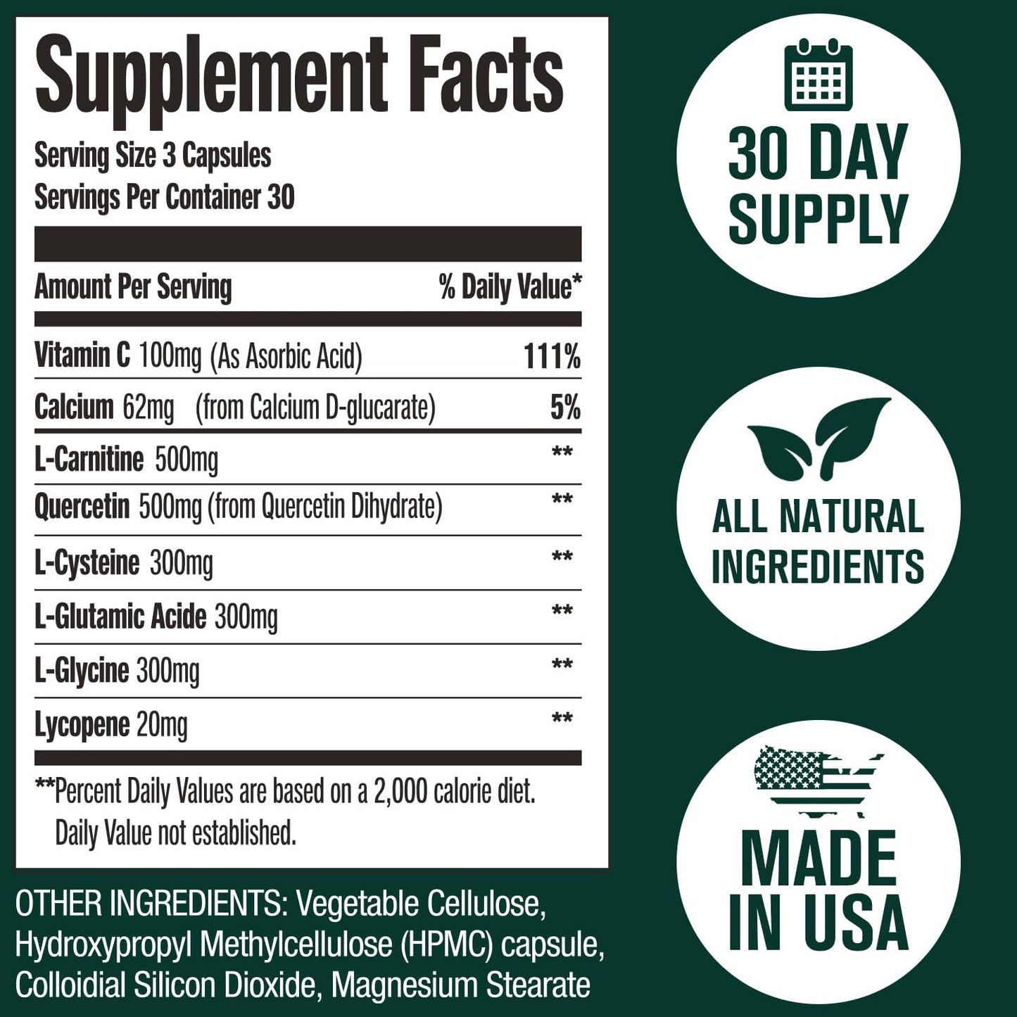 Quercetin 500mg Supplement with Vitamin C & L-Cysteine for Full-Body Support - 90 Capsules for Respiratory, Liver & Digestive Health