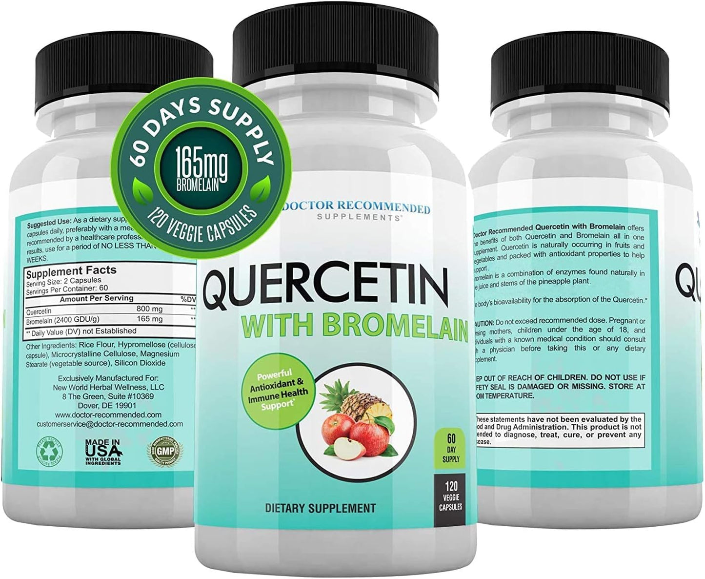 Quercetin 800mg with Bromelain 165mg - 120 Veggie Capsules - Doctor Recommended Bioflavonoids Supplement - Gluten Free, Non-GMO - Pack of 3 - BoostGo Australia