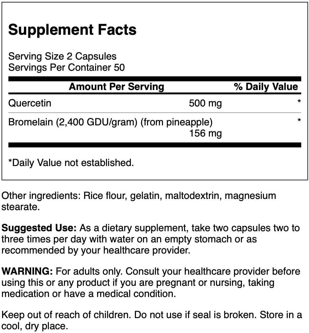 Quercetin & Bromelain Capsules for Respiratory & Immune Health Support - 100 Capsules, 250mg Quercetin, 78mg Bromelain - Maintain Normal Cholesterol Levels