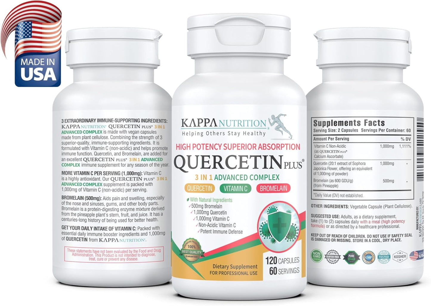 Quercetin Plus with Vitamin C and Bromelain Capsules - Immune, Cardiovascular, and Respiratory Health Support, Allergy Relief - 120 Count