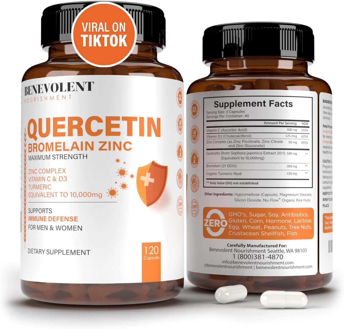 Quercetin with Bromelain, Zinc, Vitamin C & D, Turmeric - Immune & Respiratory Support - 120 Capsules - Non-GMO - Enhanced Absorption