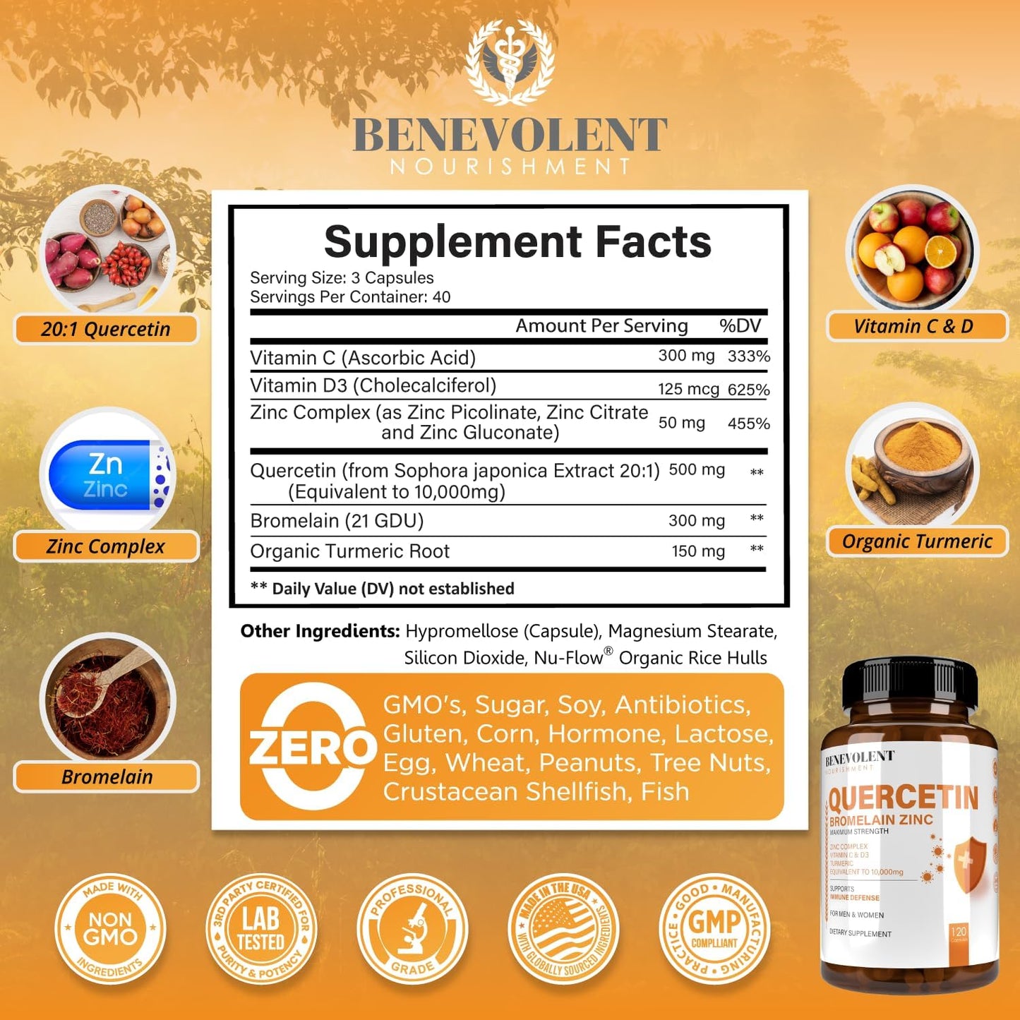 Quercetin with Bromelain, Zinc, Vitamin C & D, Turmeric - Immune & Respiratory Support - 120 Capsules - Non-GMO - Enhanced Absorption