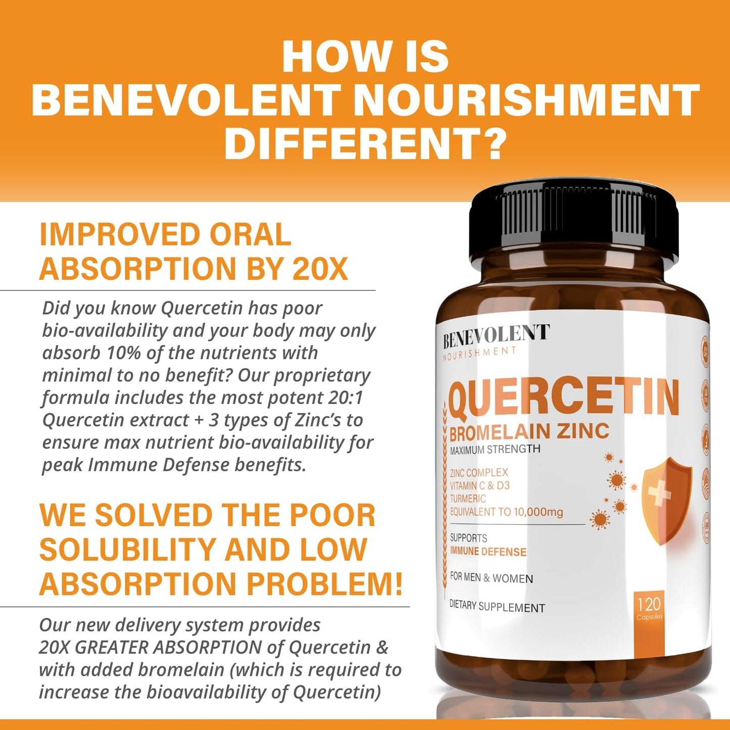 Quercetin with Bromelain, Zinc, Vitamin C & D, Turmeric - Immune & Respiratory Support - 120 Capsules - Non-GMO - Enhanced Absorption