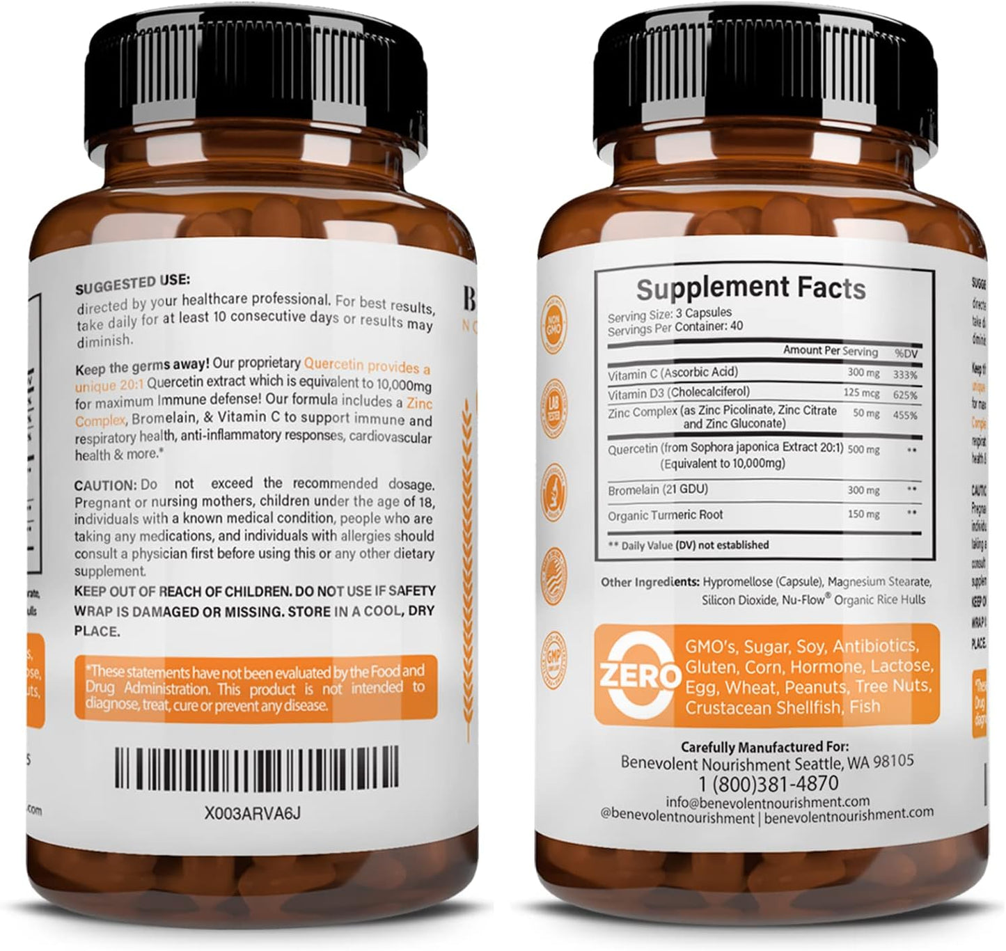 Quercetin with Bromelain, Zinc, Vitamin C & D, Turmeric - Immune & Respiratory Support - 120 Capsules - Non-GMO - Enhanced Absorption