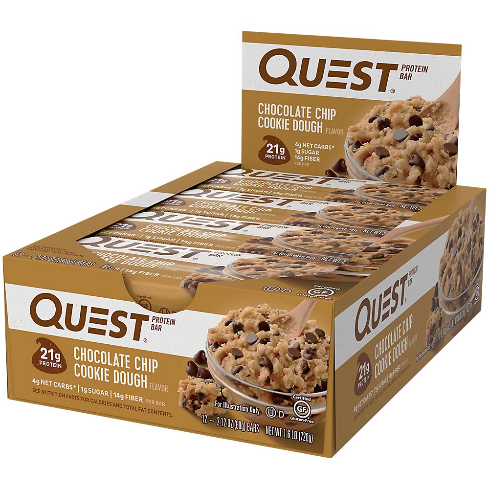 Quest Nutrition Chocolate Chip Cookie Dough Protein Bars - 21g Protein, 1g Sugar, 4g Net Carb - Gluten Free, Keto Friendly - 12 Count