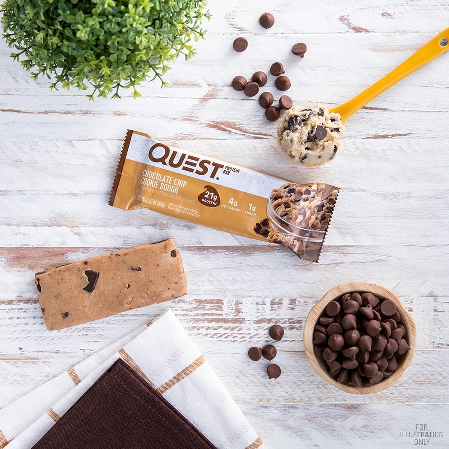 Quest Nutrition Chocolate Chip Cookie Dough Protein Bars - 21g Protein, 1g Sugar, 4g Net Carb - Gluten Free, Keto Friendly - 12 Count