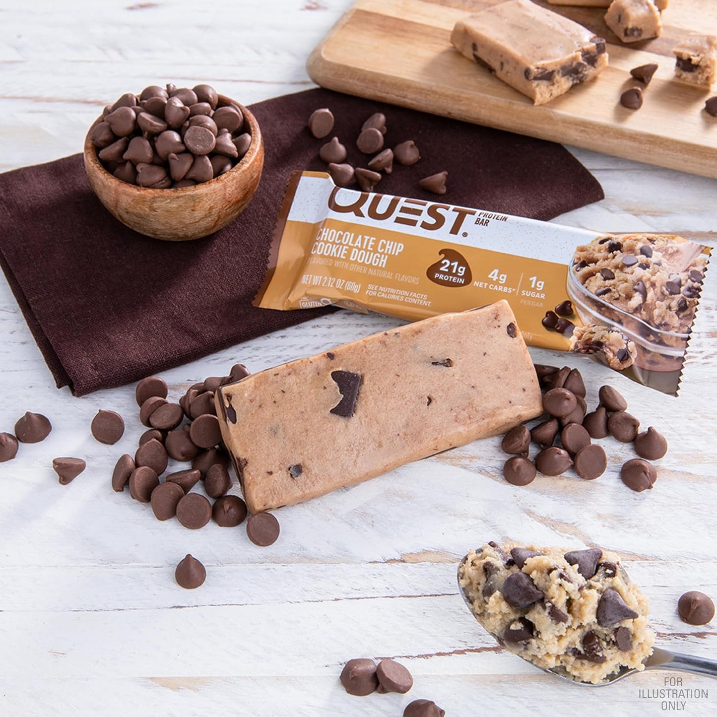 Quest Nutrition Chocolate Chip Cookie Dough Protein Bars - 21g Protein, 1g Sugar, 4g Net Carb - Gluten Free, Keto Friendly - 12 Count