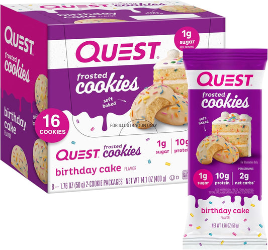 Quest Nutrition Frosted Cookies Twin Pack, Birthday Cake Flavor, Low Sugar & Net Carbs, High Protein Gluten Free Snack - 8 Count Pack