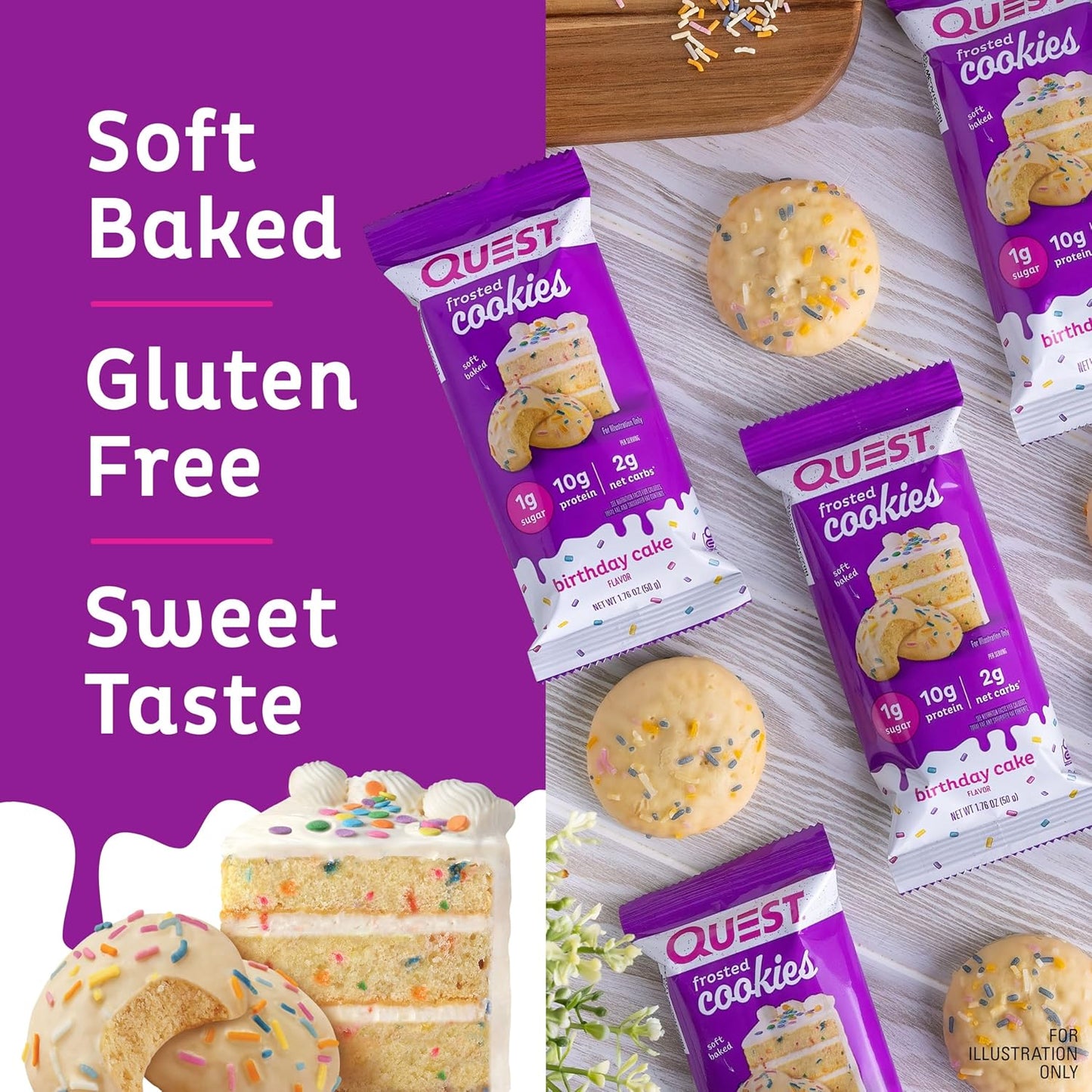 Quest Nutrition Frosted Cookies Twin Pack, Birthday Cake Flavor, Low Sugar & Net Carbs, High Protein Gluten Free Snack - 8 Count Pack