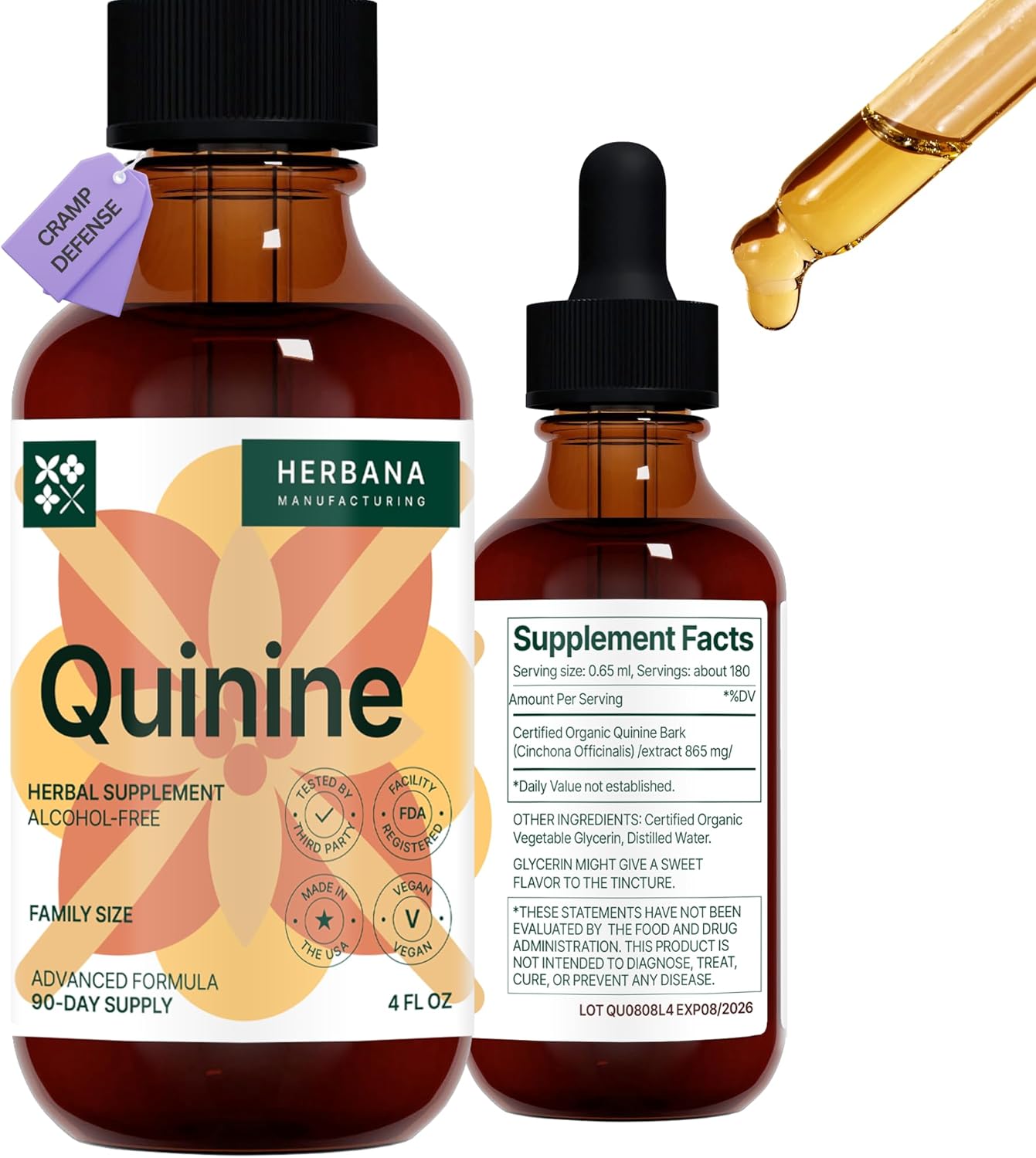 Quinine Liquid Extract 4 fl oz - Natural Digestive Health Support Supplement - Cinchona Officinalis Bark Tincture - Cramp Defense - High Potency - 90-Day Supply