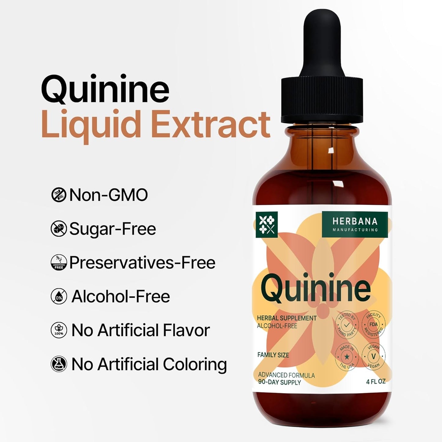 Quinine Liquid Extract 4 fl oz - Natural Digestive Health Support Supplement - Cinchona Officinalis Bark Tincture - Cramp Defense - High Potency - 90-Day Supply