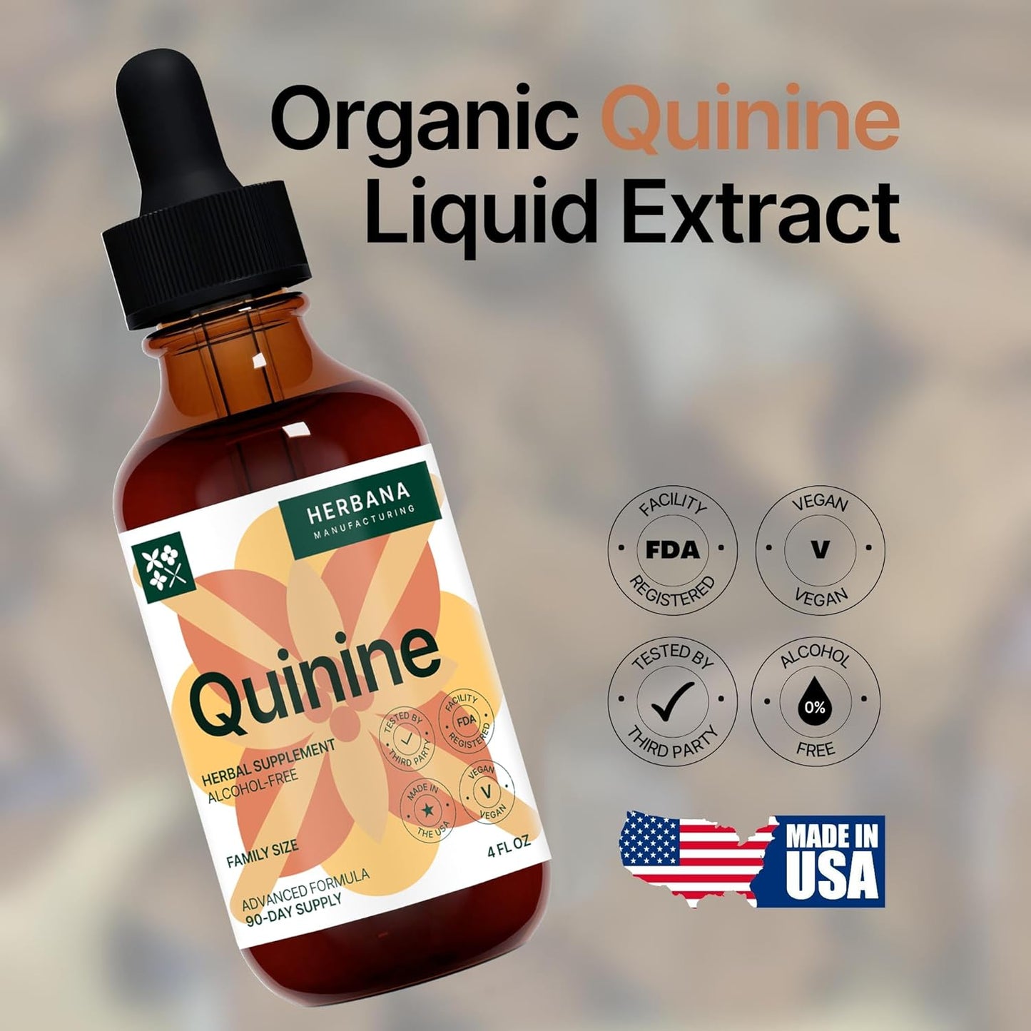 Quinine Liquid Extract 4 fl oz - Natural Digestive Health Support Supplement - Cinchona Officinalis Bark Tincture - Cramp Defense - High Potency - 90-Day Supply