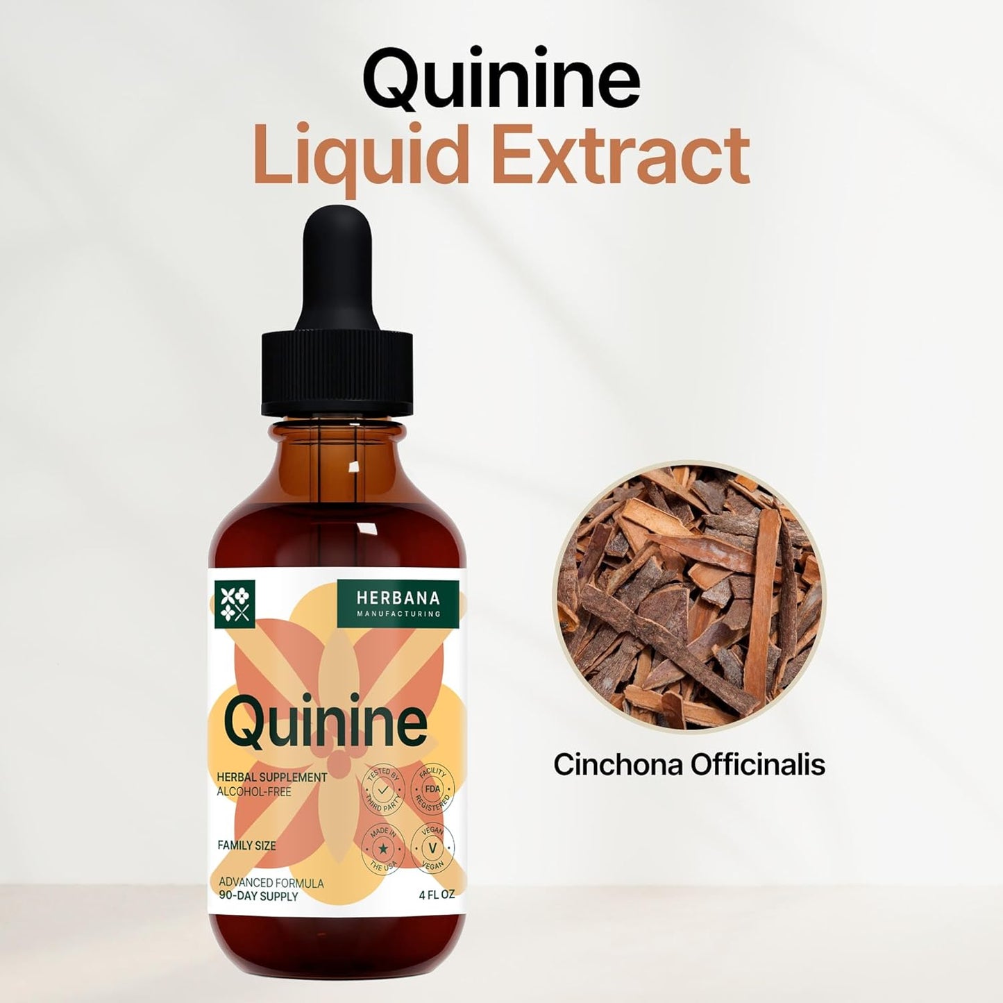Quinine Liquid Extract 4 fl oz - Natural Digestive Health Support Supplement - Cinchona Officinalis Bark Tincture - Cramp Defense - High Potency - 90-Day Supply