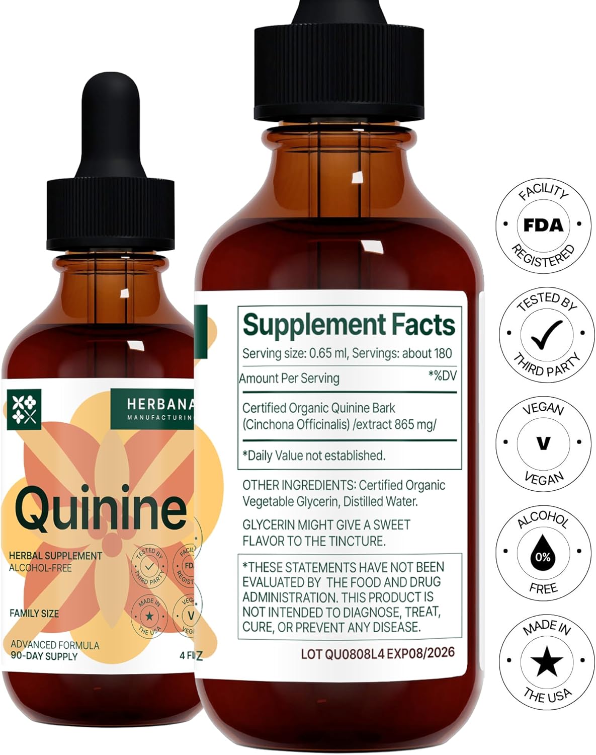 Quinine Liquid Extract 4 fl oz - Natural Digestive Health Support Supplement - Cinchona Officinalis Bark Tincture - Cramp Defense - High Potency - 90-Day Supply