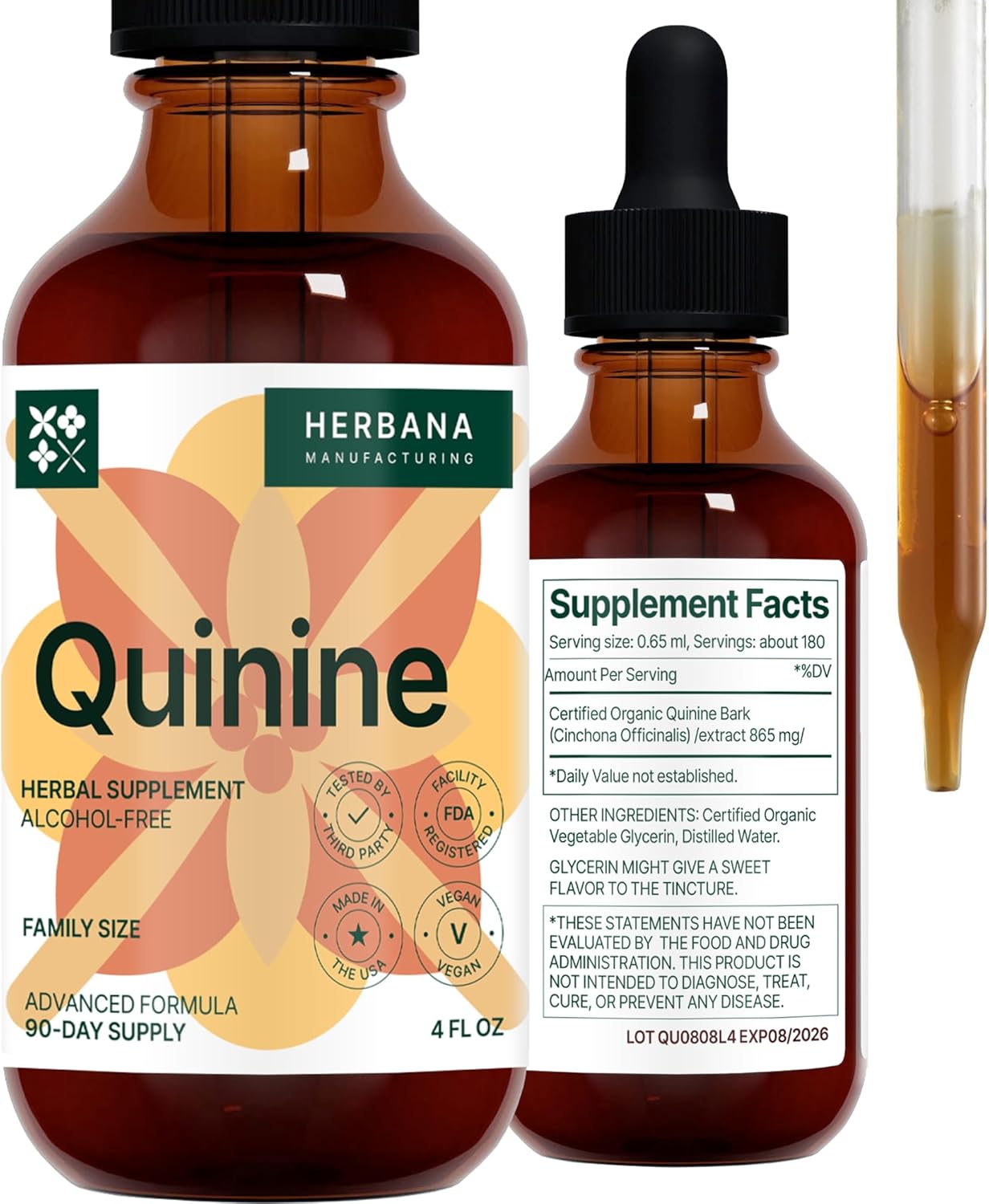Quinine Liquid Extract 4 fl oz - Natural Digestive Health Support Supplement - Cinchona Officinalis Bark Tincture - Cramp Defense - High Potency - 90-Day Supply
