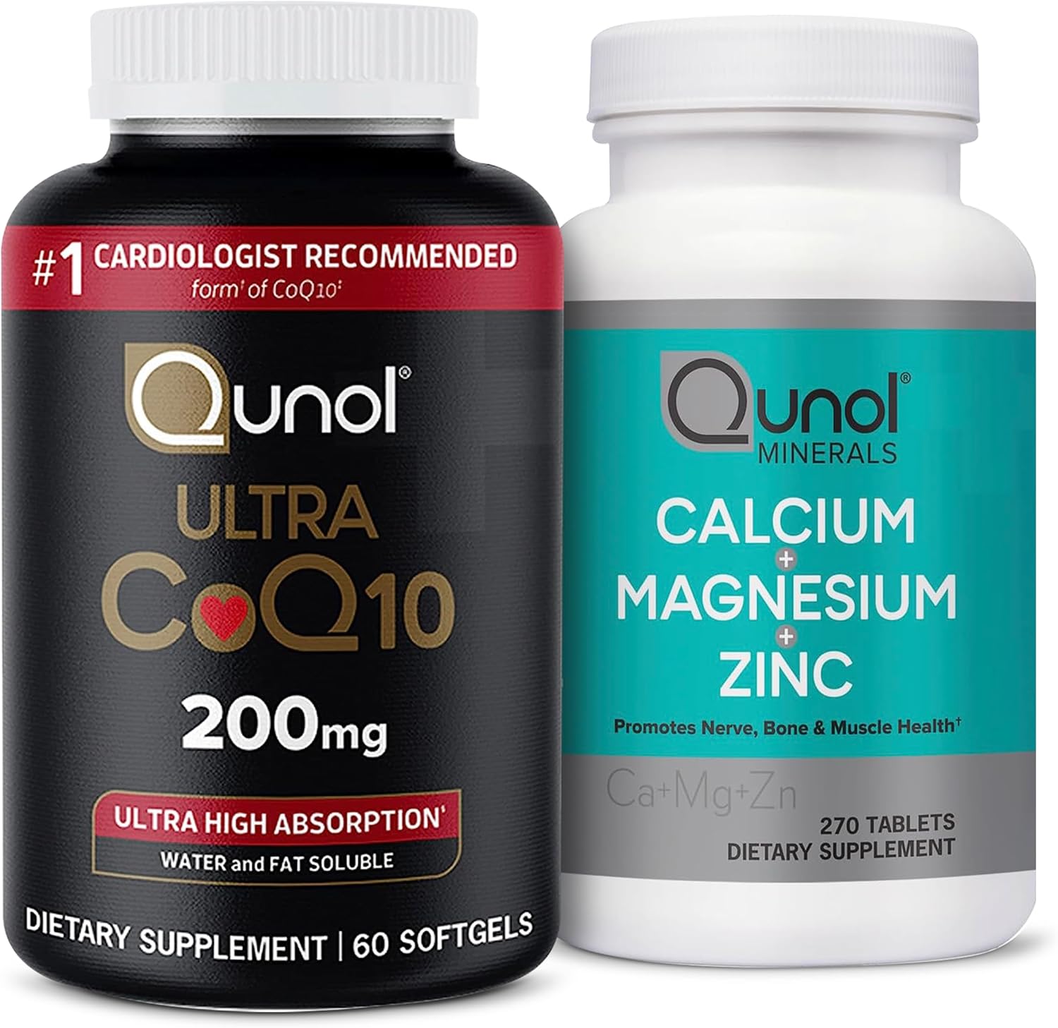 Qunol CoQ10 200mg Softgels for High Absorption - 2 Month Supply, 60 Count + Magnesium 3 in 1 Tablets with Calcium, Magnesium & Zinc, 270 Count