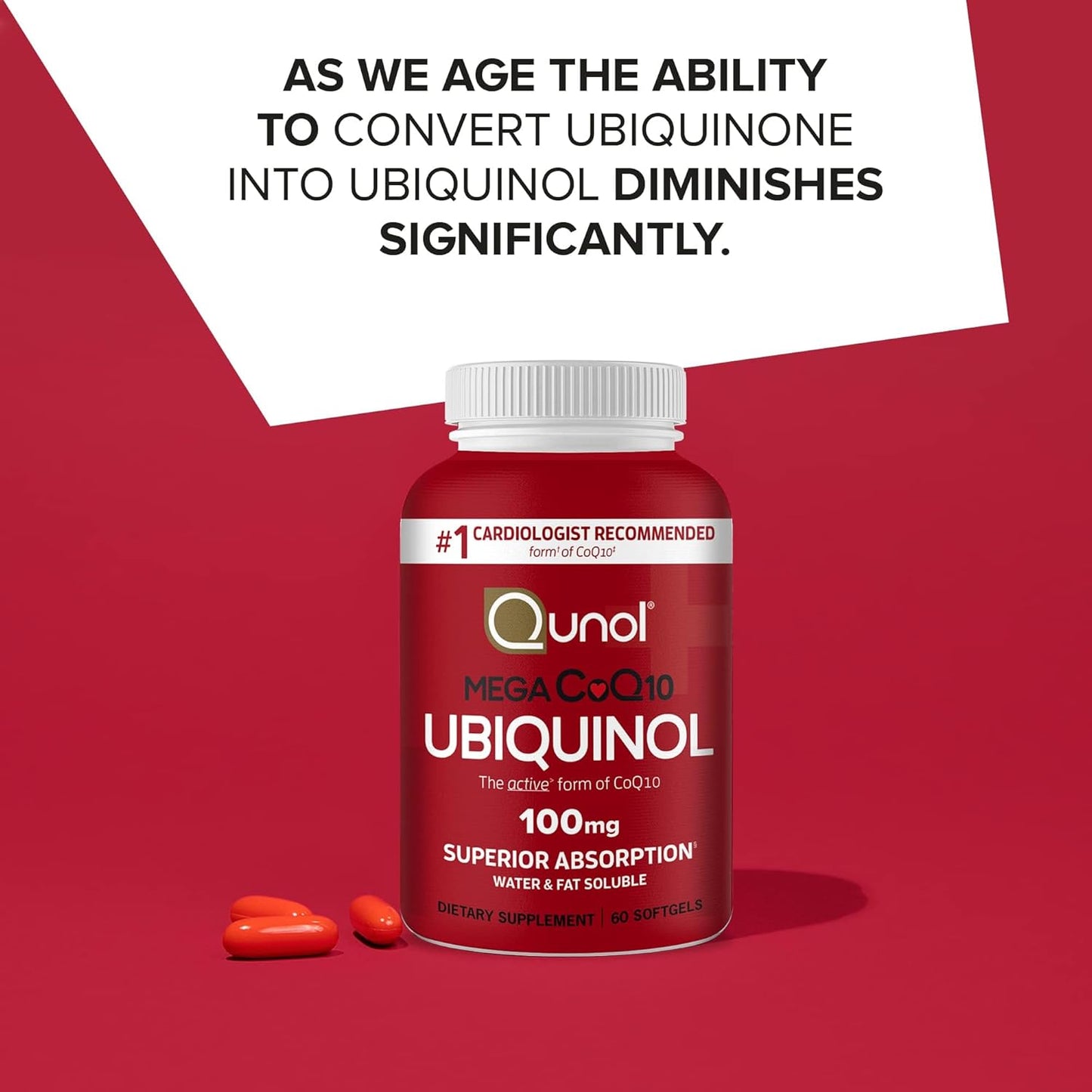 Qunol Mega Ubiquinol CoQ10 100mg Softgels - Superior Absorption for Heart Health - 2 Month Supply - 60 Count