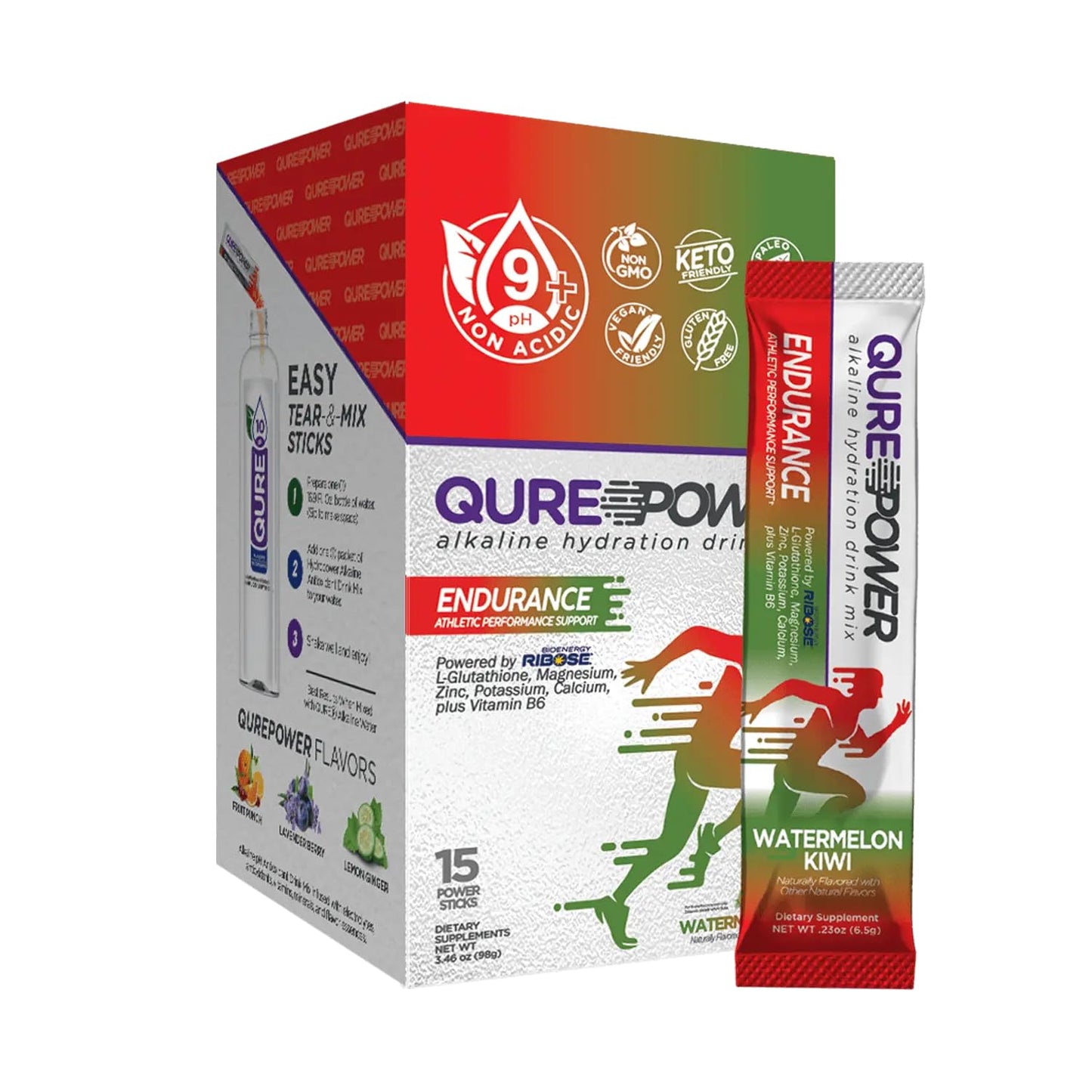 QURE Alkaline Endurance Drink Mix with D-Ribose, Vitamin B6, and Magnesium - 15 Convenient Sticks - USA-Made