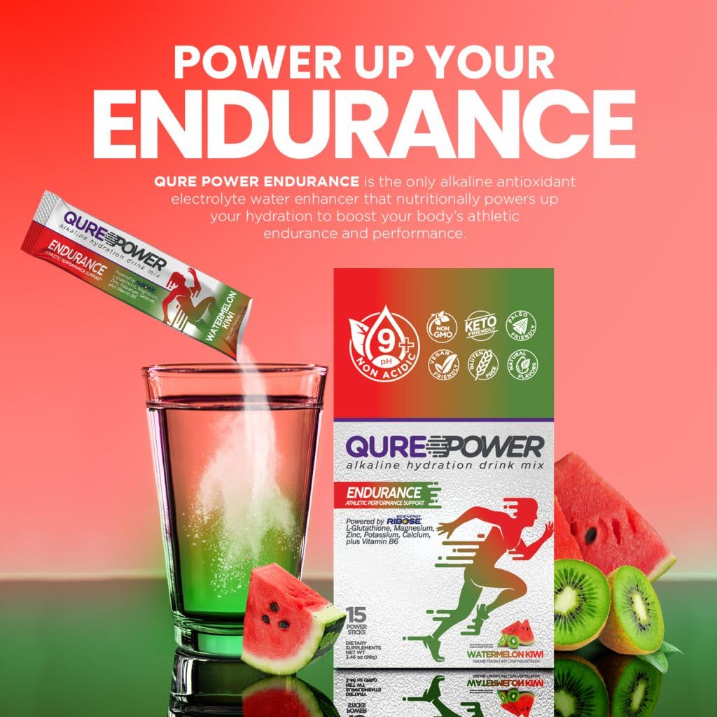 QURE Alkaline Endurance Drink Mix with D-Ribose, Vitamin B6, and Magnesium - 15 Convenient Sticks - USA-Made