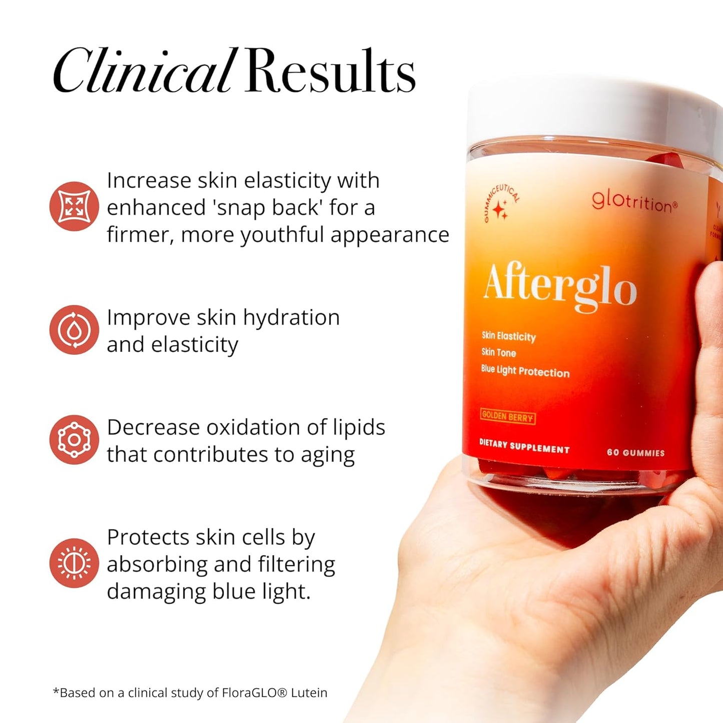 Radiant Skin Beauty Gummies with Vitamin A, C, E - Glotrition Afterglo Supplement - 60 Gummies - Improve Skin Elasticity & Smoothness