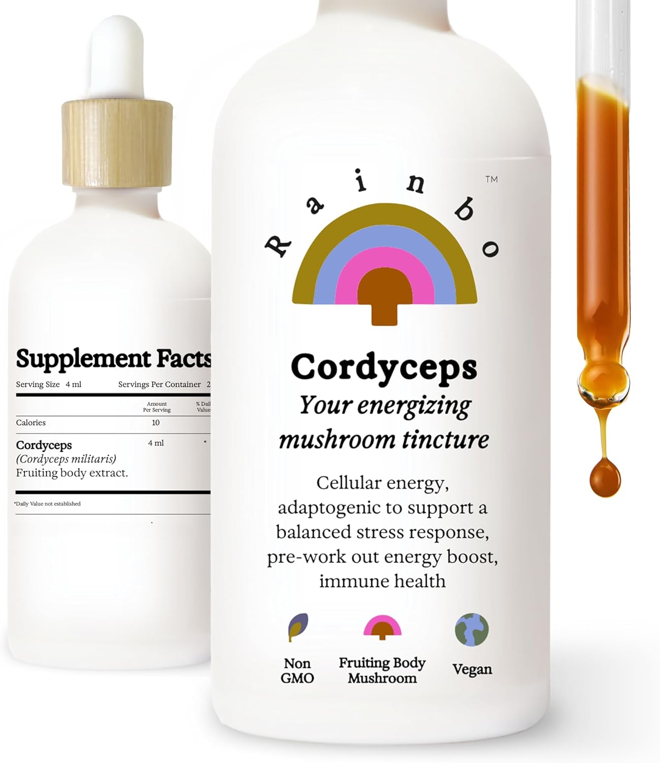 Rainbo Cordyceps Mushroom Tincture - Dual Extract Supplement for Immune Support and Energy - Vegan and Non GMO - 3.4 fl oz