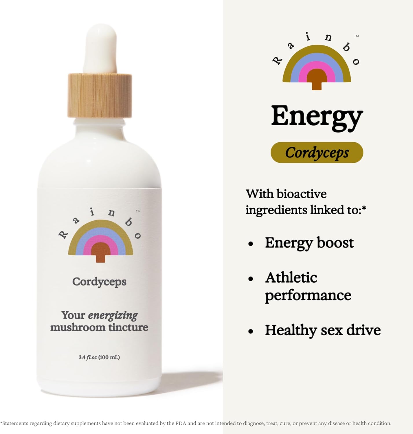 Rainbo Cordyceps Mushroom Tincture - Dual Extract Supplement for Immune Support and Energy - Vegan and Non GMO - 3.4 fl oz