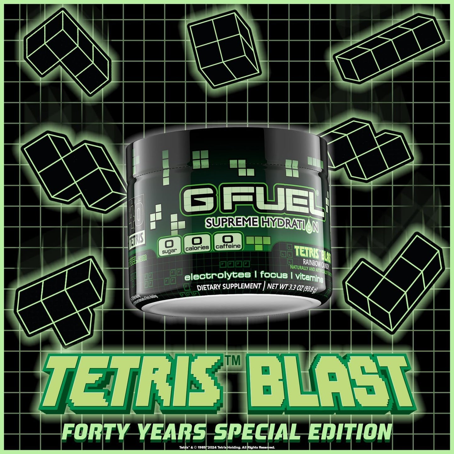 Rainbow Candy Flavor G Fuel Tetris Blast Electrolytes Powder - Sugar Free & Caffeine-Free Hydration Supplement with Essential Minerals - 3.3 oz (30 Servings)
