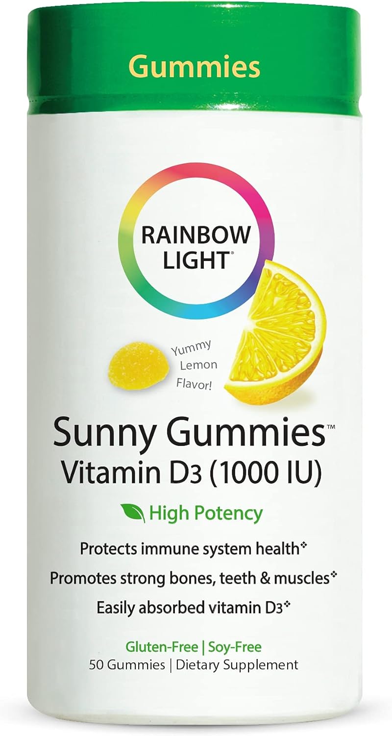 Rainbow Light Sunny Gummies Vitamin D3 1000 IU - Family-Friendly Chewables for Bone and Muscle Health, Immunity Support - Soy-Free, Gluten-Free - Sour Lemon Flavor, 50 Gummy Drops